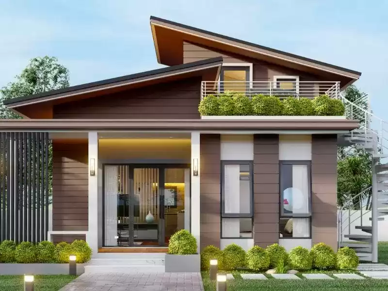 Mái lệch kết hợp lam gỗ trang trí.