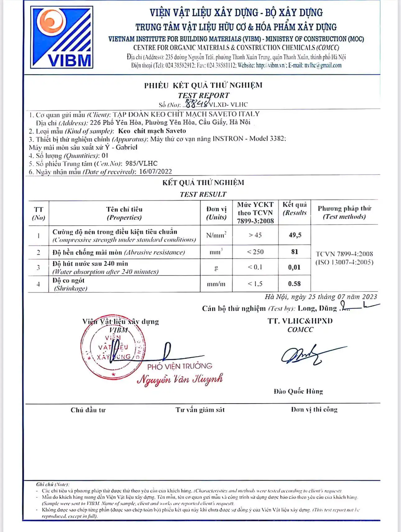 Tài liệu kiểm định được cung cấp bởi Viện Vật Liệu Xây Dựng – Bộ Xây Dựng