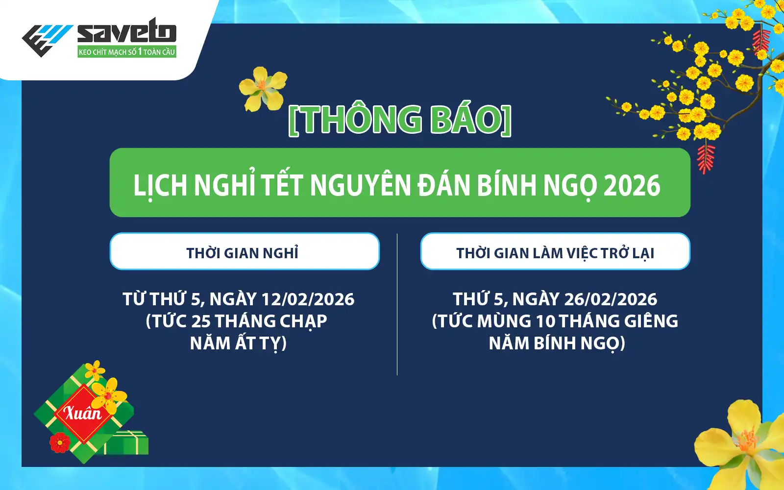 [THÔNG BÁO] LỊCH NGHỈ TẾT NGUYÊN ĐÁN BÍNH NGỌ 2026
