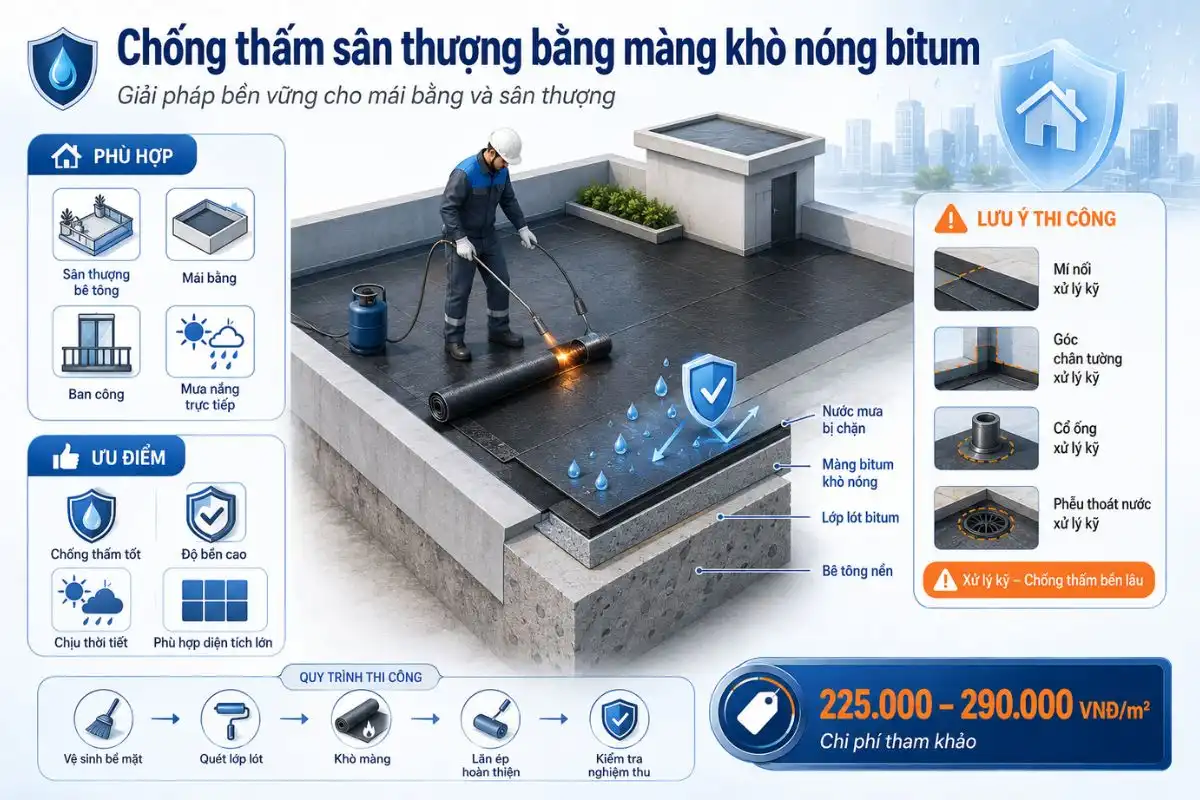 Chống Thấm Sân Thượng Bằng Màng Khò Nóng Bitum
