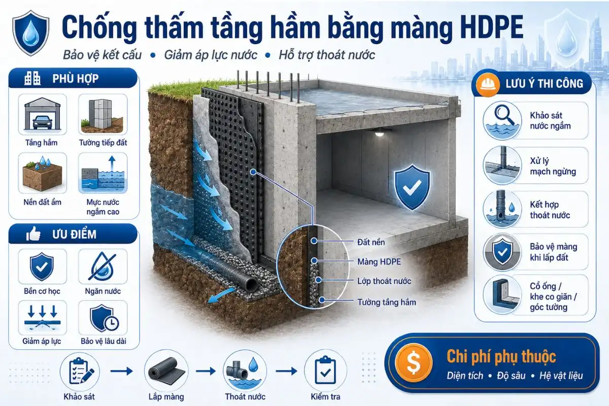 Chống Thấm Tầng Hầm Bằng Màng HDPE