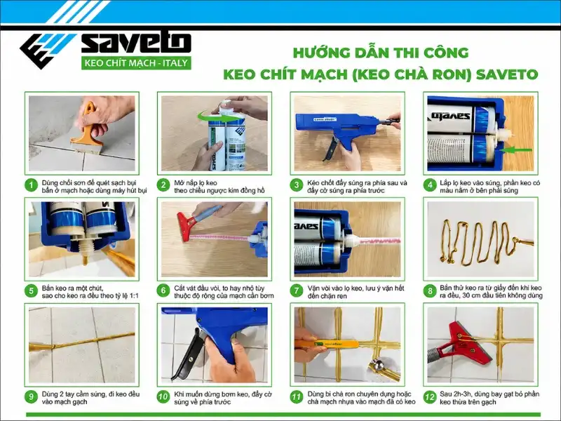 Quy trình 12 bước thi công keo chít mạch Saveto